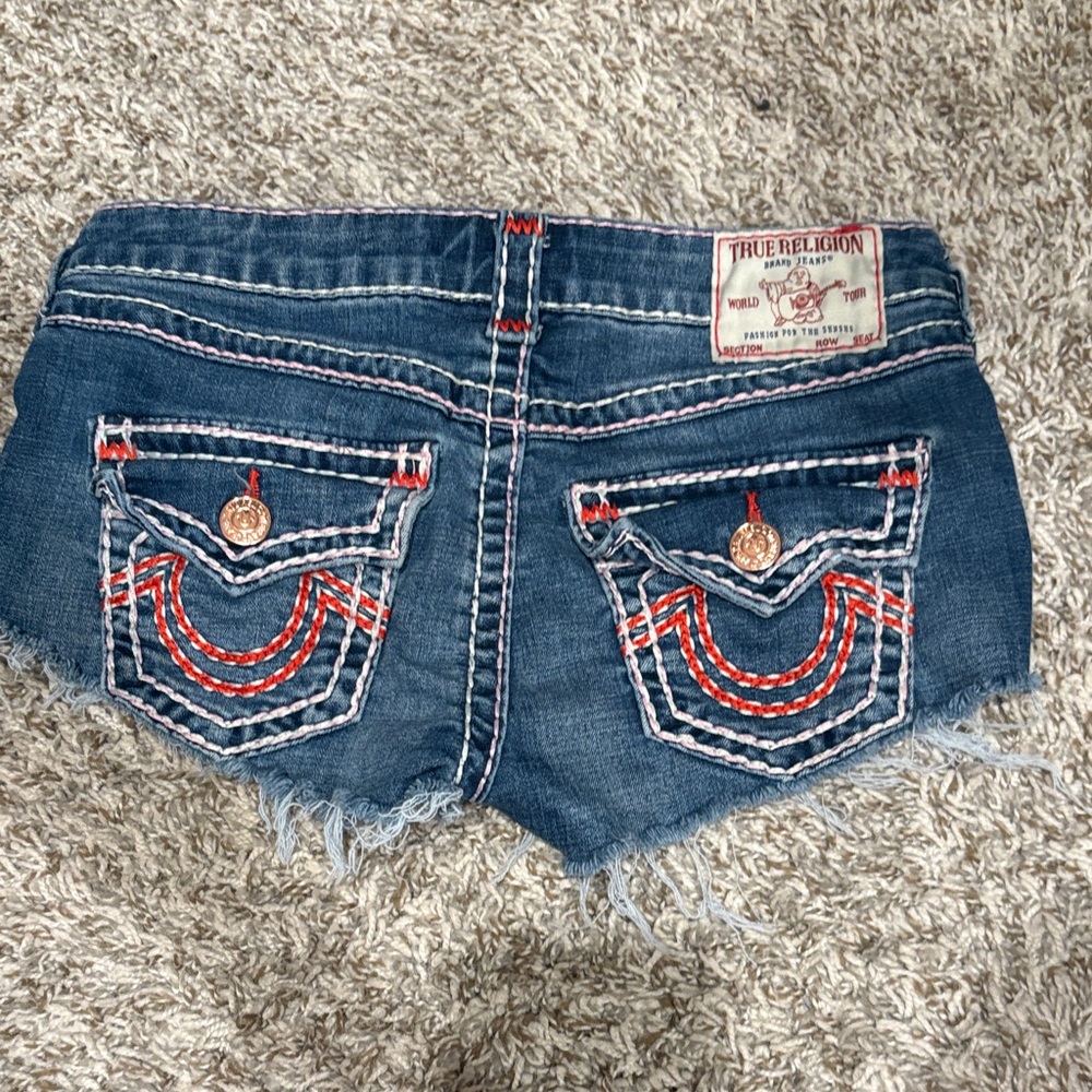 True Religion Blue Denim Shorts with Red Accents